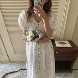 Yidouxian Women Dress Korean Fashion Elegant V-neck Button Embroidered Flowers Collect Waist Bubble Sleeves Long Vestidos