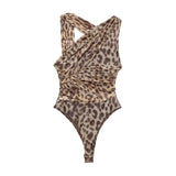 Yidouxian ZRN-Women's Asymmetric Draped Tulle Bodysuits, Sleeveless, Snap-Button, Leopard Female Playsuits, Sexy Fashion