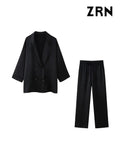 Yidouxian ZRN-Women's Double-Breasted Loose Blazer Coat and High Elastic Waist Wide Leg Pants, Female Two Piece Sets, Fashion