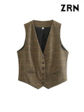 Yidouxian ZRN-Women's Front Button Houndstooth Waistcoat, V Neck Sleeveless Vest, Female Outerwear, Chic Tops, Fashion