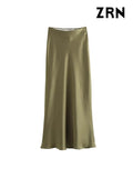 Yidouxian ZRN-Women's Flowing Satin Midi Skirt, High Waist With Elastic Waistband, Female Skirts, Chic Fashion