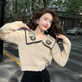 Yidouxian Knitted Cardigan 2024 Early Autumn New French Style Navy Collar Embroidered Knit Sweaters Female Retro Gentle Tops