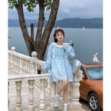 Yidouxian Women Dress Sweet Lace Ruched Blue Dresses Korean Style Floral Printing Peter Pan Collar Kawaii Vestidos 2024 Autumn