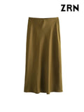 Yidouxian ZRN-Women's Flowing Satin Midi Skirt, High Waist With Elastic Waistband, Female Skirts, Chic Fashion