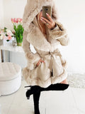 Yidouxian new fur patchwork jacket for winter warmth, ruffled brim hood and waistband jacket