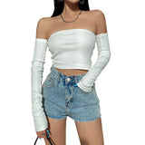 Yidouxian Crop Tops T-shirts, Solid Color Boat Neck Off Shoulder Sexy Tops Pullover with Long Sleeves for Summer Club Wear