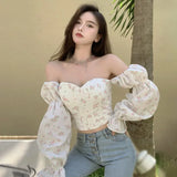 Yidouxian Shirt Off Shoulder Bubble Long Sleeve Crop Top Women's Slim Blouse Korean Fashion Corset