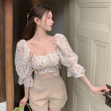 Yidouxian Clothes Women Flower Lace Short Women's T-Shirt Square Neck Bubble Sleeves Chiffon Tops