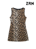 Yidouxian ZRN-Women's Leopard Mini Dress, O Neck, Sleeveless, Back Zipper, Animal Print, Female Dresses, Fashion