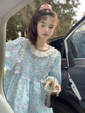 Yidouxian Women Dress Sweet Lace Ruched Blue Dresses Korean Style Floral Printing Peter Pan Collar Kawaii Vestidos 2024 Autumn