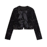 Yidouxian ZRN-Women's Long Sleeve Sequined Cropped Jacket, O Neck Coat, Female Outerwear, Chic Tops, Bow Tied