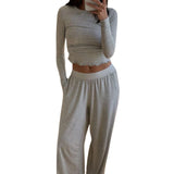 Yidouxian Women Y2K 2 Pieces Pajama Set Long Sleeve Crop Tops + Elastic Wide Leg Pants for Loungewear Aesthetic Soft Sleepwear