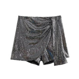 Yidouxian ZRN-Women's Knotted Sequin Shorts Skirts, High Waist, Side Zipper, Female Skort,Fashion