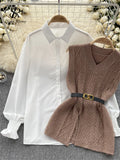 Yidouxian Office Lady Knitted Sweater Warm Thick Knit Vest+Single Breasted Lantern Sleeve Blouse 2024 Women Pullover Shirt Suits
