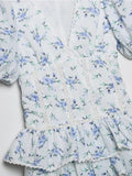 Yidouxian New Women Fashion Lace Embroidery Trims Floral Print Dress Vintage Puff Sleeve Female Sweet Layered Ruffle Mini Dresses