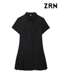 Yidouxian ZRN-Women's Front Button Pleated Mini Dress, Lapel Collar, Short Sleeve, Female Dresses, Fashion