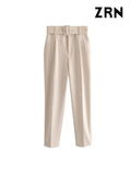 Yidouxian ZRN-Women's High Waist Zipper Fly Ankle Trousers with Belt, Office Wear Pants, Side Pockets, Female Fashion