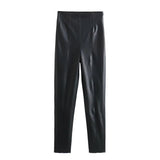 Yidouxian Women Elastic High Waist Faux Leather Leggings Seamless Hem Female Pants Pencil Trousers