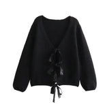 Yidouxian ZRN-Women's Front Sequined Bow Tied Knit Cardigan Sweater, V Neck, Long Sleeve, Female Outerwear, Chic Tops, Fashion