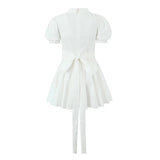 Yidouxian Summer Women Vintage Puff Sleeve Lapel Collar White Mini Dress Tie Bow Sashes Pleated Hem Female Cotton Robe