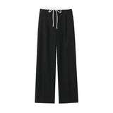 Yidouxian ZRN-Women's Double Waistband Wide Leg Pants, High Elastic Waist With Drawstring, Side Pockets, Female Trousers, Chic Fashion