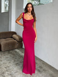 Yidouxian Women's Elegant Vintage Big Satin Bow Sleeveless Backless Deep Square Neck Solid Color Maxi Long Dress Formal Gown