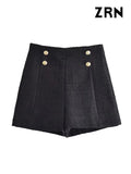 Yidouxian Women Fashion Front Metal Buttons Tweed Shorts Vintage High Waist Side Zipper Female Short Pants Mujer