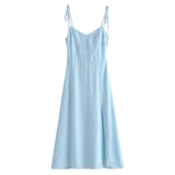 Yidouxian Women French Style Light Blue Front Slit Sling Dresses Sexy Sleeveless High Waist Female Holiday Summer Chiffon Dress