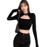 Yidouxian Women's Square T-shirt  Collar Slim Sexy Navel Exposed Long Sleeved T-shirt Tops