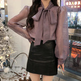 Yidouxian French Fashion Chiffon Blouse Women Bow Tie Half High Collar Lantern Sleeve Shirt Top Spring New Fashion Korean Clothes