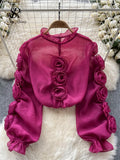 Yidouxian High Quality Organza Women Blouse 2024 Ruffles Neck Long Sleeves Loose Sweet Top Korean Style 3D Floral Sheer Shirt