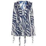 Yidouxian Women Summer Short Tie Up Dress Long Sleeve V Neck Zebra Print Ruffled Hollow Out Cover-up Short Mini Sundress