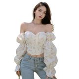 Yidouxian Shirt Off Shoulder Bubble Long Sleeve Crop Top Women's Slim Blouse Korean Fashion Corset