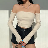 Yidouxian Crop Tops T-shirts, Solid Color Boat Neck Off Shoulder Sexy Tops Pullover with Long Sleeves for Summer Club Wear