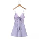 Yidouxian 2024 Women Floral Embroidery Purple Sling Mini Dress Sexy Backless V Neck Female Summer Dress Holiday Robe LDZZ7038