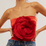 Yidouxian Women's Vintage Big 3D Rosette Flower Tube Tops Summer Strapless Solid Color Bandeau Crop Tops Slim Fit Satin Camis
