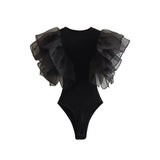 Yidouxian ZRN-Women's Long Sleeve Knit Bodysuits with Organza Ruffles, Snap-Button, Sexy Playsuits, Fashion