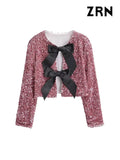 Yidouxian ZRN-Women's Long Sleeve Sequined Cropped Jacket, O Neck Coat, Female Outerwear, Chic Tops, Bow Tied