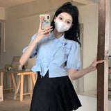 Yidouxian Sleeve Blue Shirt Women Summer Chic Hollow Solid All Match Ladies Blouse Korean Fashion Elegant Bow Short Top Female