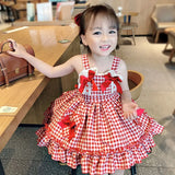 Yidouxian Pleated Tutu Skirt Summer Party Clothes Bow Lace Girls Plaid Printing Sleeveless Dress