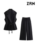 Yidouxian Women Fashion With Belt Linen Waistcoat And High Elastic Waist Wide Leg Pants Female Two Pieces Sets Mujer