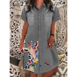 Yidouxian Women's Summer Oversized Giraffe Printed Loose Dress with Lapel Buttons Short Sleeved Pockets Denim Casual Loose Dress