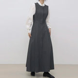 Yidouxian Casual Women Chic Autumn Simple Lapel Tie Puff Sleeve Shirt Pleated Strap Dress Set Female Solid Elegant New