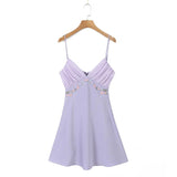 Yidouxian 2024 Women Floral Embroidery Purple Sling Mini Dress Sexy Backless V Neck Female Summer Dress Holiday Robe LDZZ7038