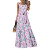 Yidouxian Women's Elegant Square Neck Sleeveless Printed Long Dress Fashion Leisure Beach Vacation Belt Floor-Length Dress