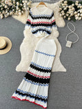 Yidouxian New Summer Beach Knitted Two Pieces Suits Loose T Shirt+Long Skirt Sets High Street Elastic Waist Striped Casual Sets