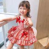 Yidouxian Pleated Tutu Skirt Summer Party Clothes Bow Lace Girls Plaid Printing Sleeveless Dress