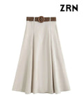 Yidouxian Midi Skirt With Belt for Women, High Waist, Side Zipper, Female Skirts, Fashion