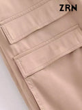 Yidouxian Women Fashion With Pockets Satin Cargo Pants Vintage High Waist Zipper Fly Female Trousers Mujer