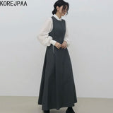 Yidouxian Casual Women Chic Autumn Simple Lapel Tie Puff Sleeve Shirt Pleated Strap Dress Set Female Solid Elegant New